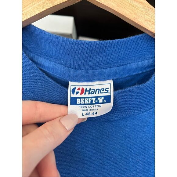 🐿️ Vintage Single Stitch Hanes Beefy-T Cotton Hang Loose Maui Blue T-Shirt Large - Picture 3 of 7